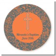 Cross Grey & Orange - Round Personalized Baptism / Christening Sticker Labels thumbnail