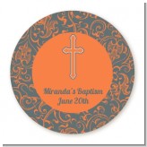Cross Grey & Orange - Round Personalized Baptism / Christening Sticker Labels