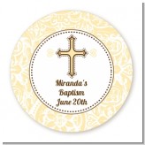 Cross Yellow & Brown - Round Personalized Baptism / Christening Sticker Labels
