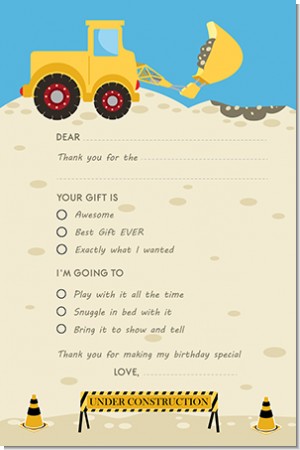 Construction Truck - Birthday Party Fill In Thank You Cards