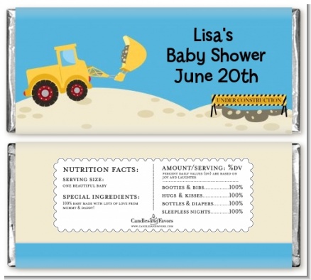 Construction Truck - Personalized Baby Shower Candy Bar Wrappers