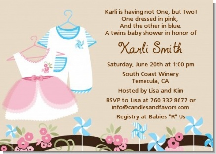 Twin Little Outfits 1 Boy and 1 Girl - Baby Shower Invitations