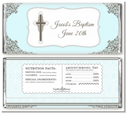 Cross Blue & Brown - Personalized Baptism / Christening Candy Bar Wrappers