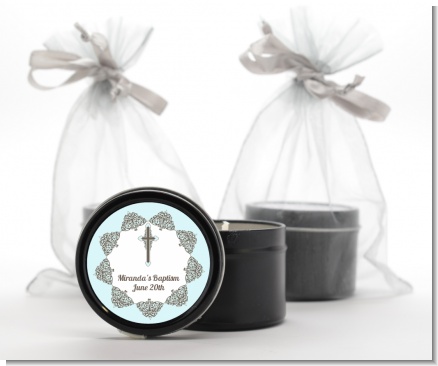 Cross Blue & Brown - Baptism / Christening Black Candle Tin Favors