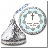 Cross Blue & Brown - Hershey Kiss Baptism / Christening Sticker Labels