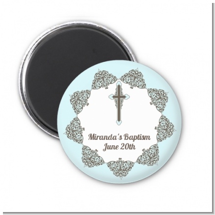 Cross Blue & Brown - Personalized Baptism / Christening Magnet Favors