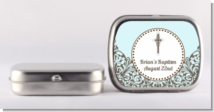 Cross Blue & Brown - Personalized Baptism / Christening Mint Tins