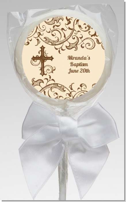Cross Brown & Beige - Personalized Baptism / Christening Lollipop Favors