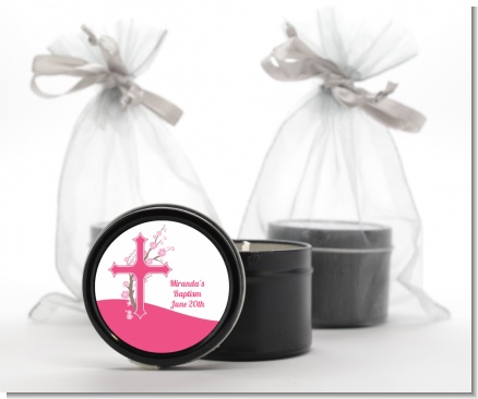 Cross Cherry Blossom - Baptism / Christening Black Candle Tin Favors