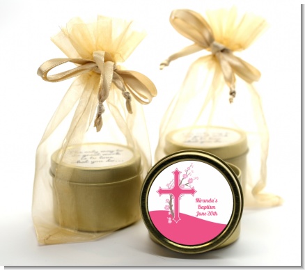 Cross Cherry Blossom - Baptism / Christening Gold Tin Candle Favors