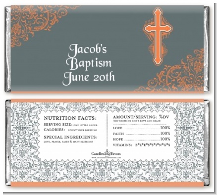 Cross Grey & Orange - Personalized Baptism / Christening Candy Bar Wrappers