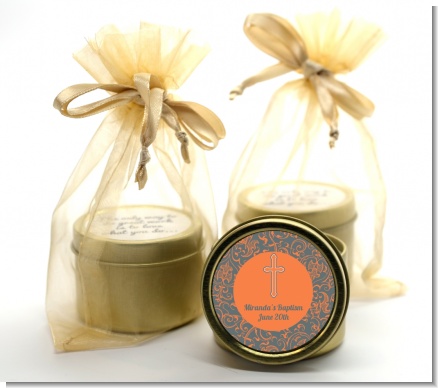 Cross Grey & Orange - Baptism / Christening Gold Tin Candle Favors