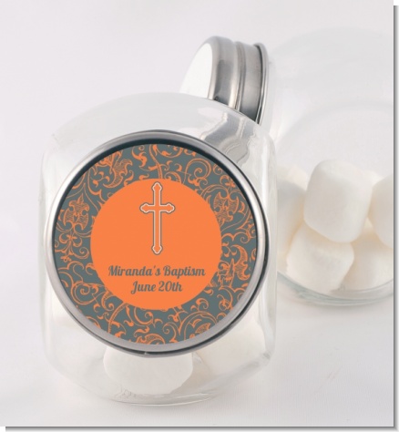 Cross Grey & Orange - Personalized Baptism / Christening Candy Jar