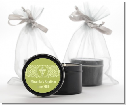 Cross Sage Green - Baptism / Christening Black Candle Tin Favors