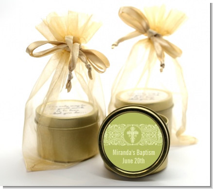 Cross Sage Green - Baptism / Christening Gold Tin Candle Favors