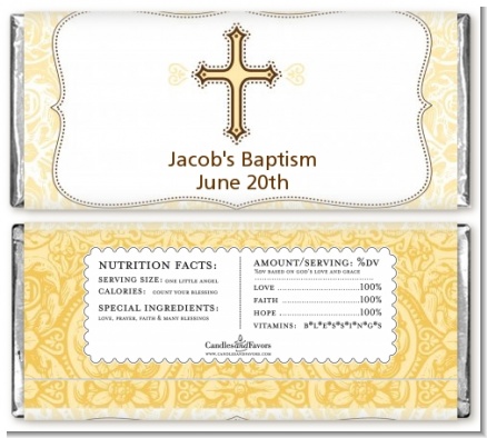 Cross Yellow & Brown - Personalized Baptism / Christening Candy Bar Wrappers