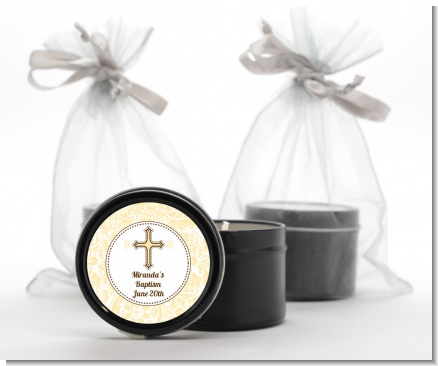 Cross Yellow & Brown - Baptism / Christening Black Candle Tin Favors