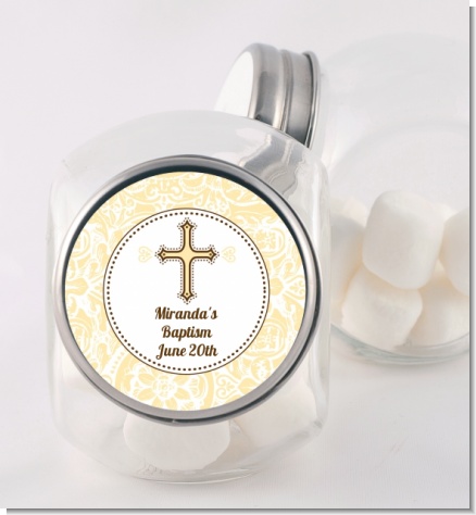 Cross Yellow & Brown - Personalized Baptism / Christening Candy Jar