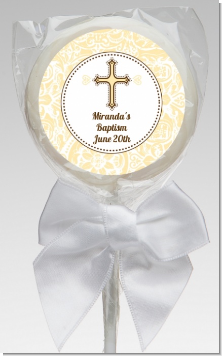 Cross Yellow & Brown - Personalized Baptism / Christening Lollipop Favors