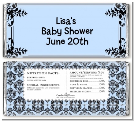 Damask Blue & Black - Personalized Baby Shower Candy Bar Wrappers