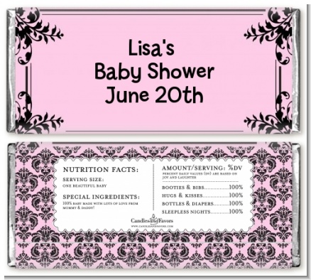 Damask Pink & Black - Personalized Baby Shower Candy Bar Wrappers