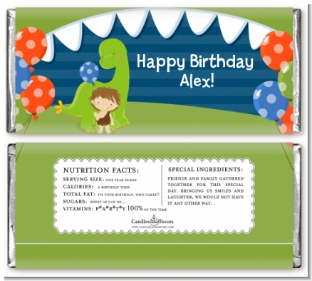 Dinosaur and Caveman - Personalized Birthday Party Candy Bar Wrappers