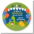 Dinosaur and Caveman - Round Personalized Birthday Party Sticker Labels thumbnail