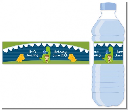 Dinosaur and Caveman - Personalized Birthday Party Water Bottle Labels
