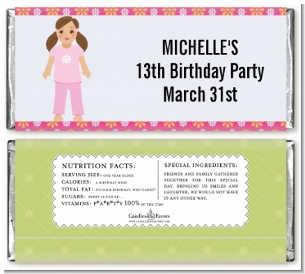 Doll Party Brunette Hair - Personalized Birthday Party Candy Bar Wrappers