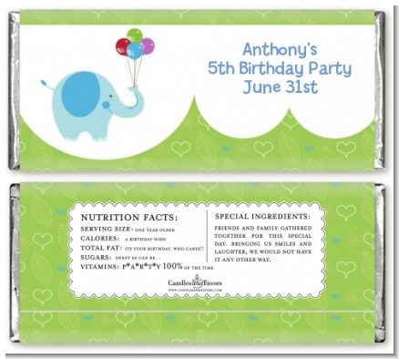 Elephant Blue - Personalized Birthday Party Candy Bar Wrappers
