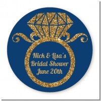Engagement Ring Blue Gold Glitter - Round Personalized Bridal Shower Sticker Labels