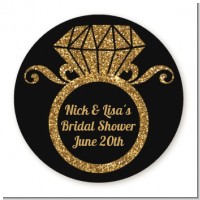 Engagement Ring Black Gold Glitter - Round Personalized Bridal Shower Sticker Labels