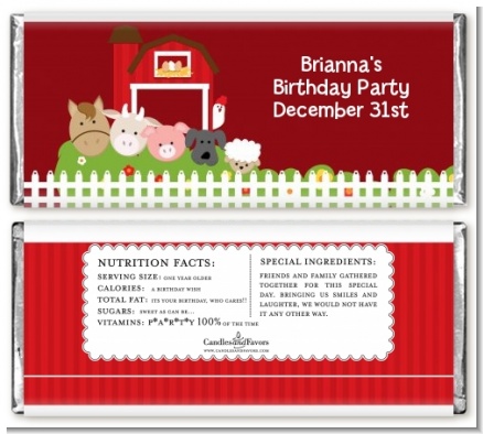Farm Animals - Personalized Birthday Party Candy Bar Wrappers