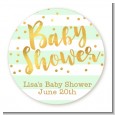 Faux Gold and Mint Stripes - Round Personalized Baby Shower Sticker Labels thumbnail