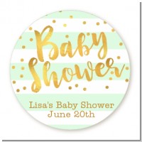 Faux Gold and Mint Stripes - Round Personalized Baby Shower Sticker Labels