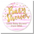 Faux Gold and Pink Stripes - Round Personalized Baby Shower Sticker Labels thumbnail