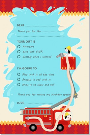 Fire Truck - Birthday Party Fill In Thank You Cards