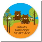 Forest Animals Twin Bears - Round Personalized Baby Shower Sticker Labels
