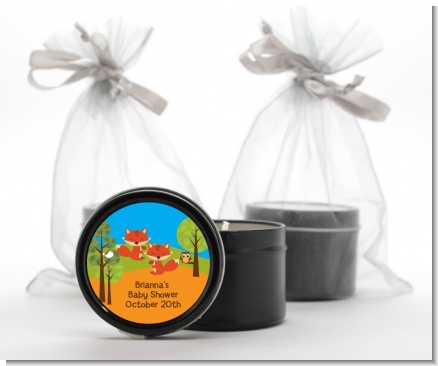 Forest Animals Twin Foxes - Baby Shower Black Candle Tin Favors