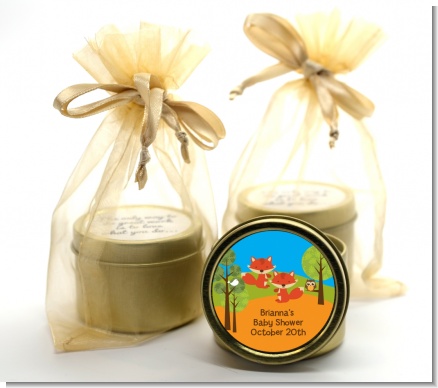 Forest Animals Twin Foxes - Baby Shower Gold Tin Candle Favors