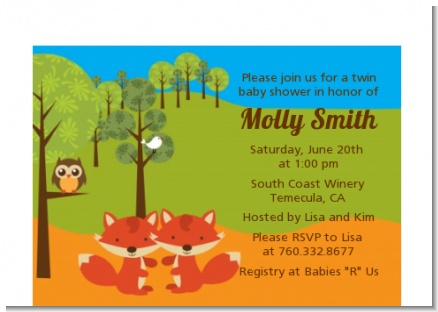 Forest Animals Twin Foxes - Baby Shower Petite Invitations