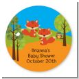 Forest Animals Twin Foxes - Round Personalized Baby Shower Sticker Labels thumbnail