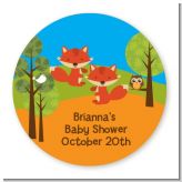 Forest Animals Twin Foxes - Round Personalized Baby Shower Sticker Labels