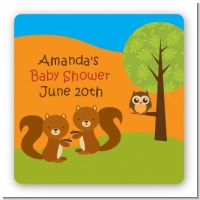 Forest Animals Twin Squirels - Square Personalized Baby Shower Sticker Labels