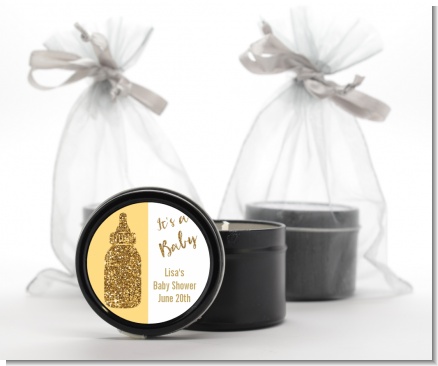 Gold Glitter Baby Bottle - Baby Shower Black Candle Tin Favors
