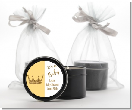 Gold Glitter Baby Crown - Baby Shower Black Candle Tin Favors