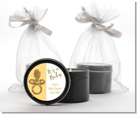 Gold Glitter Baby Pacifier - Baby Shower Black Candle Tin Favors