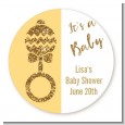 Gold Glitter Baby Rattle - Round Personalized Baby Shower Sticker Labels thumbnail
