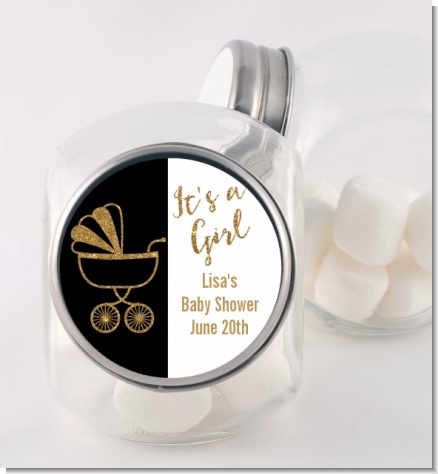 Gold Glitter Black Carriage - Personalized Baby Shower Candy Jar