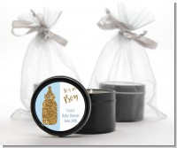 Gold Glitter Blue Baby Bottle - Baby Shower Black Candle Tin Favors